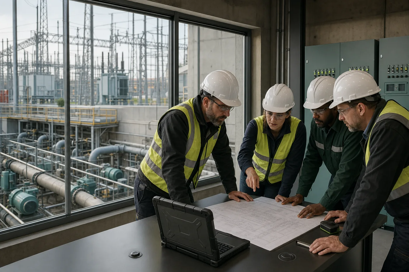 Industrial operations and cybersecurity professionals reviewing critical infrastructure